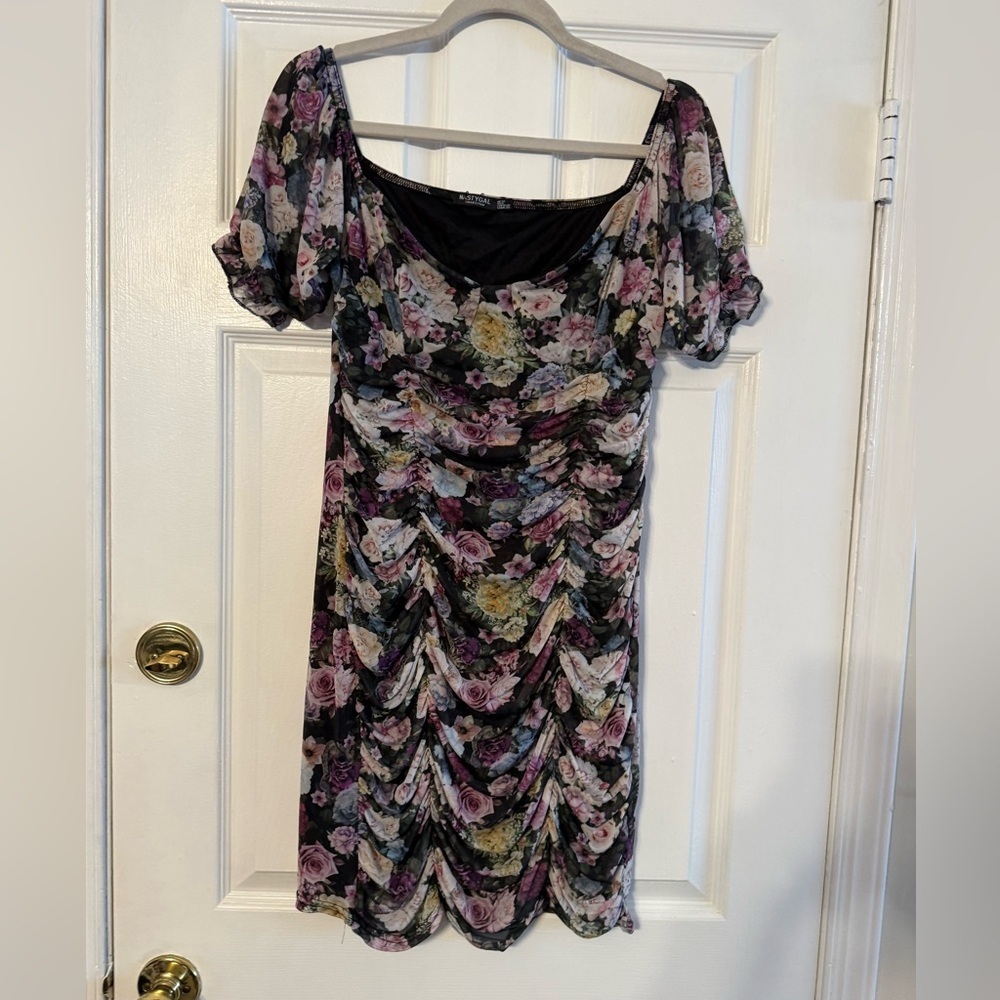 Nasty Gal Black Floral Ruched Midi Dress with Pink & Yellow Blooms